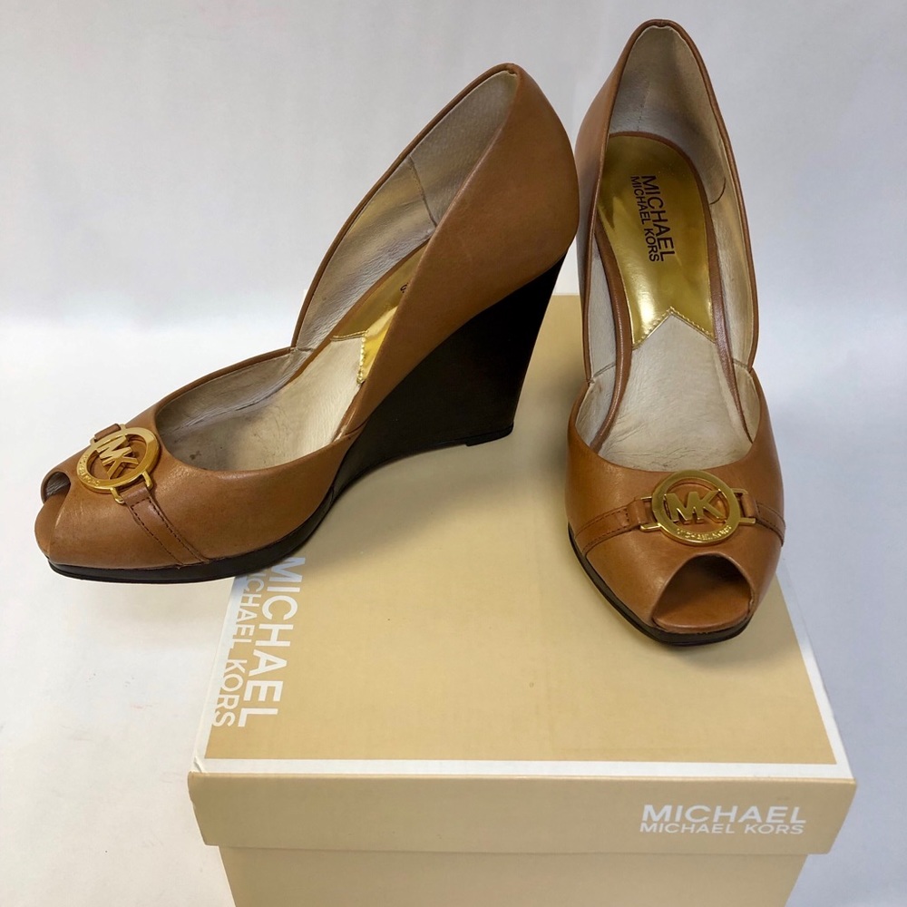 Michael Kors Wedges, Leather Logo Camel Peep-Toe